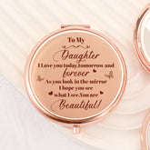 ๐น Elegant 65mm Round Makeup Mirror, Dual-Sided Button Design in Rose Gold. A heartfelt blessing for your daughter engraved. 2x magnification, HD glass, in stock. Perfect for any occasion! โจ๐